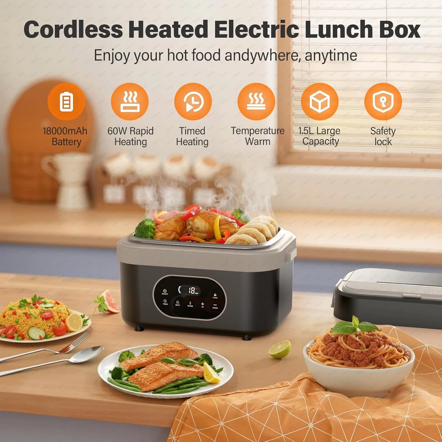 Gison 1.5L Electric Heated Lunch Box for Adults 60W Heated with Temp 18000mah Display Portable Food Warmer for Work Car or home