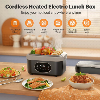 Gison 1.5L Electric Heated Lunch Box for Adults 60W Heated with Temp 18000mah Display Portable Food Warmer for Work Car or home