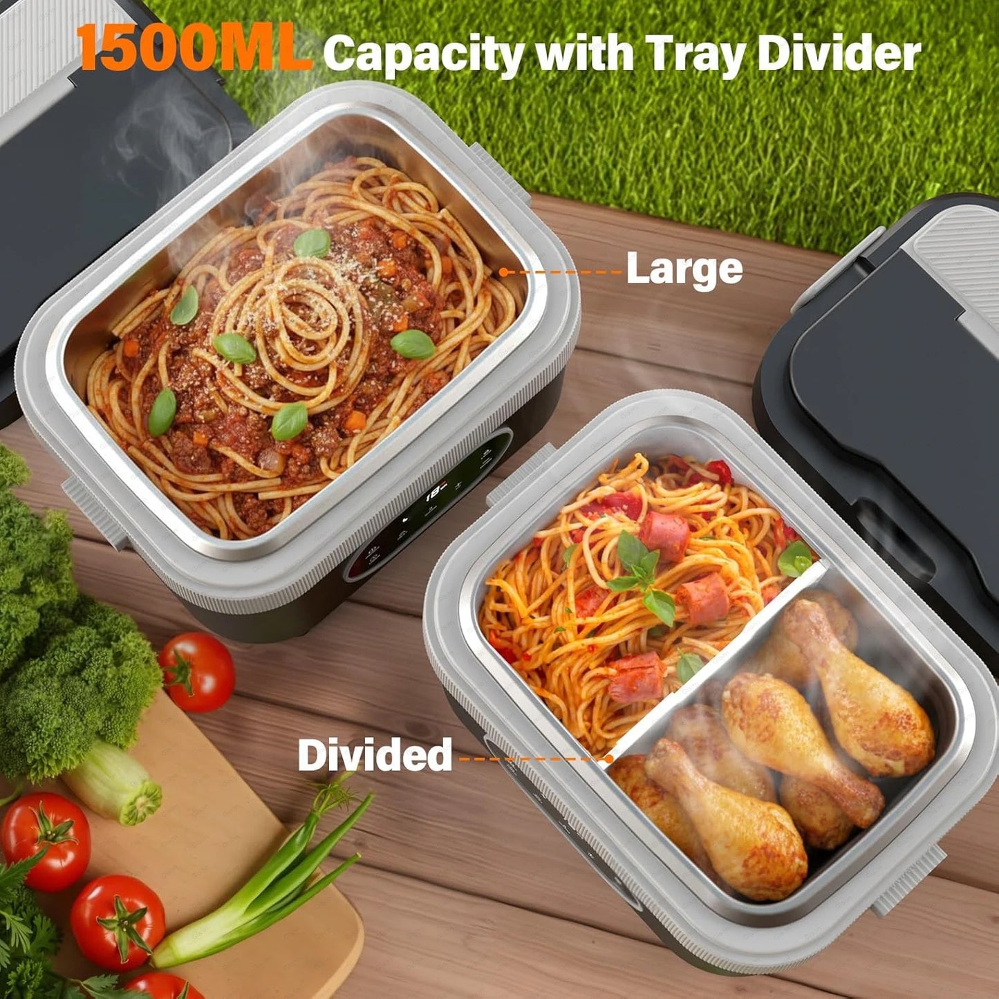 Gison 1.5L Electric Heated Lunch Box for Adults 60W Heated with Temp 18000mah Display Portable Food Warmer for Work Car or home